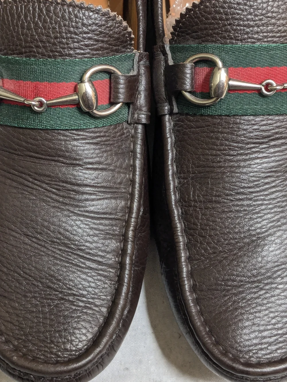Gucci Men's Brown Leather Horsebit Loafers with Green-Red Web US 11 Driving